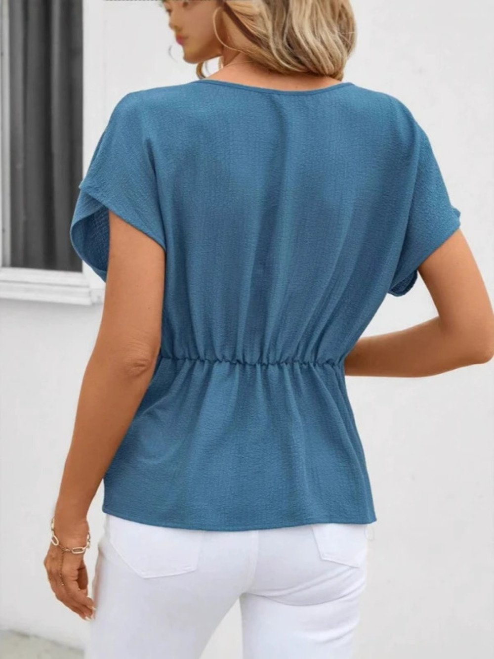 ZARA Solid Asymmetric Round Neck Short Sleeve Textured Twisted Casual Chic Tee